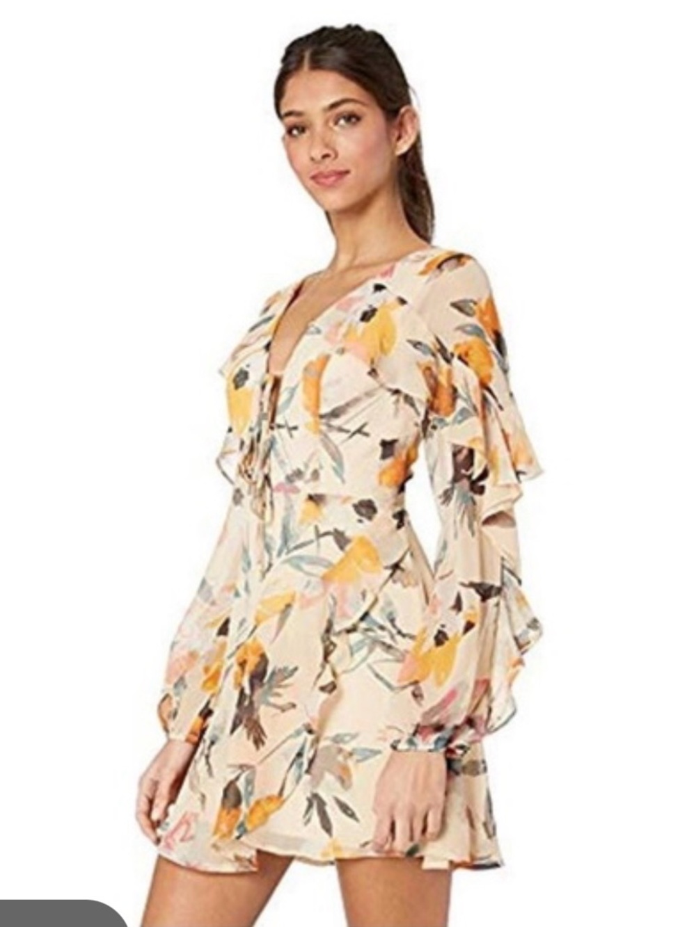 BCBGMaxAzria Cream Floral Tie-Front Long Sleeve Mini Dress